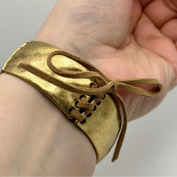 Boho Gold Tone Square Stretch Bracelet with Leather Lace Tie Up Design - Picture 2 of 10